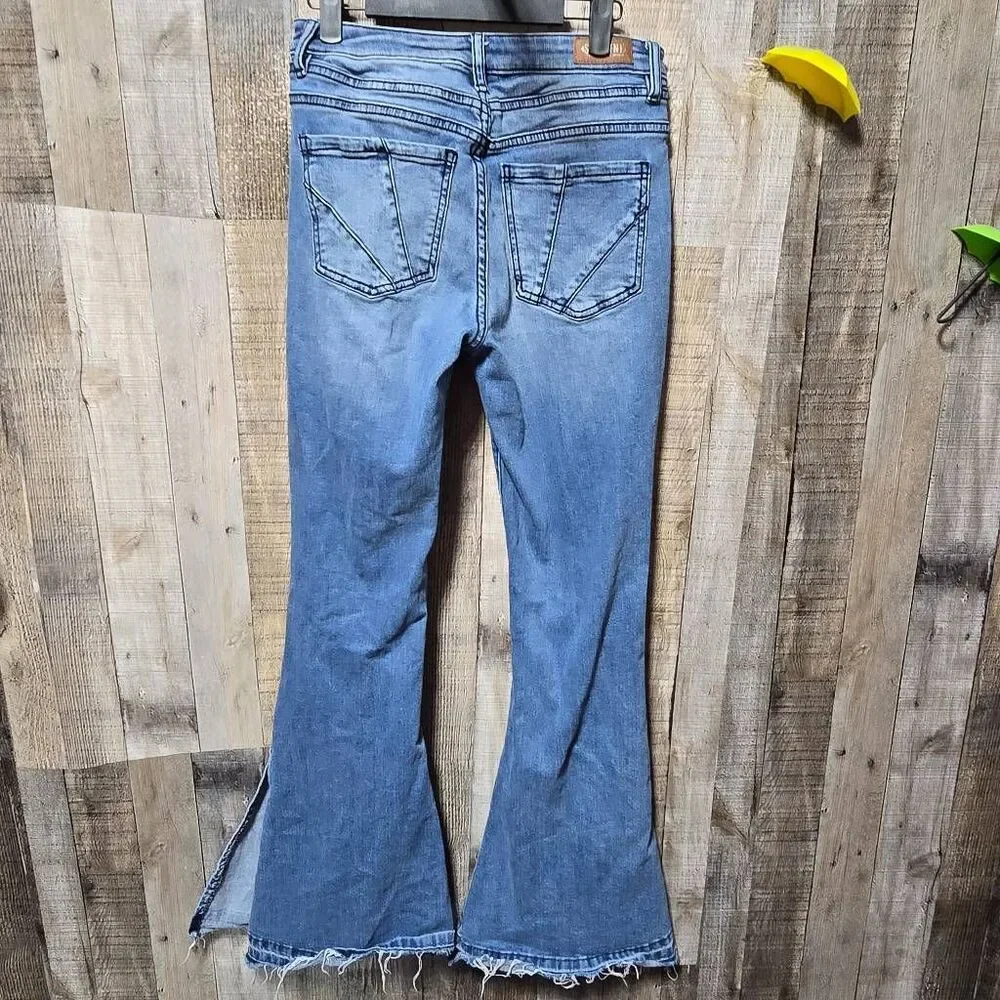 Shyanne Mid Release Hem Side Slit Flare Wide Leg Jeans 29 Western Rodeo Distress - Picture 3 of 7